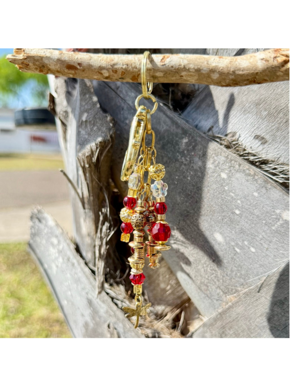 NEW Red Dragonfly Bag Charm Keychain Crystal Beaded Handmade One of a Kind - Picture 2 of 3